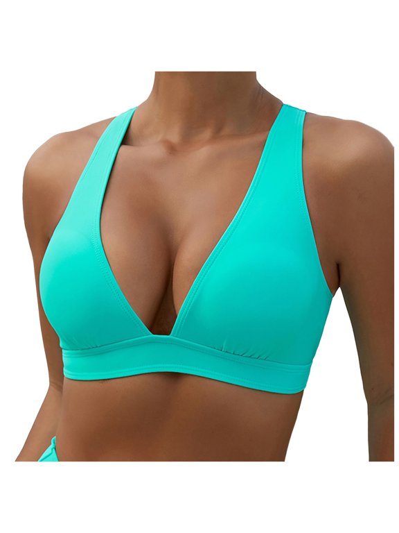 Women's Bikini Top V Neck Triangle Top Wide Straps Cross Back Lace up (Green, L)