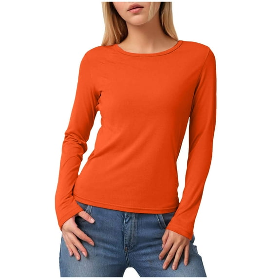 idosla Women's Boat Neck Tops Long Sleeve Shirts Casual Fitted Tee Shirts Solid Color Fall Basic Clothes (Orange, XL)