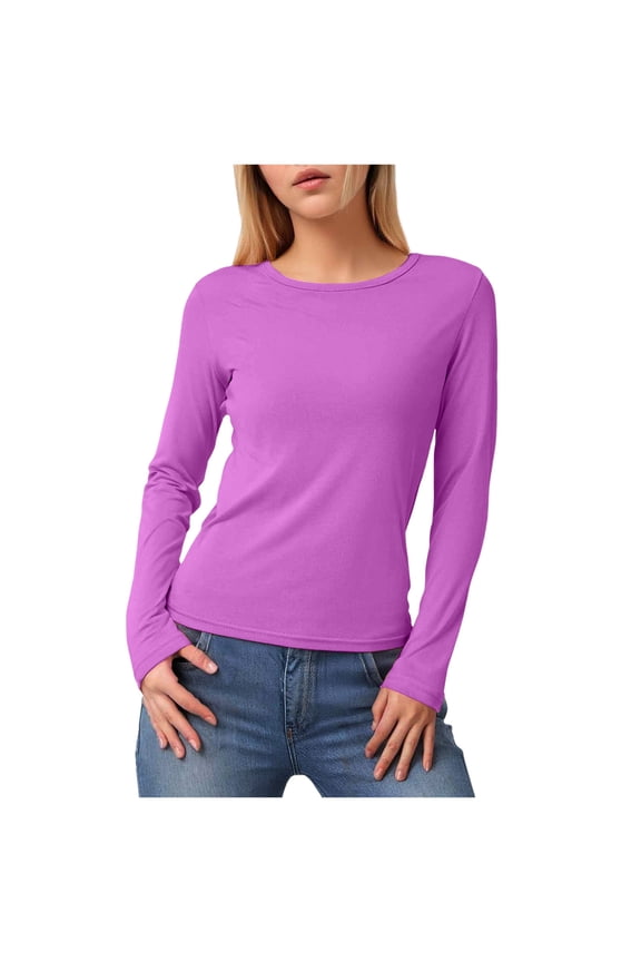 Women's Boat Neck Tops Long Sleeve Shirts Casual Fitted Tee Shirts Solid Color Fall Basic Clothes (Purple, L)