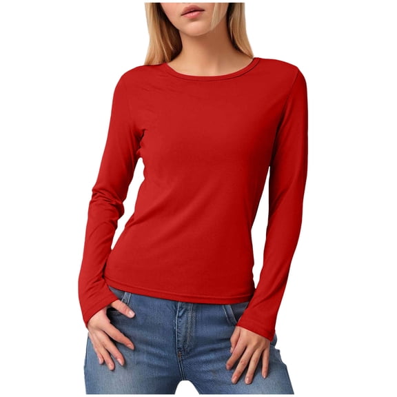 idosla Women's Boat Neck Tops Long Sleeve Shirts Casual Fitted Tee Shirts Solid Color Fall Basic Clothes (Red, L)