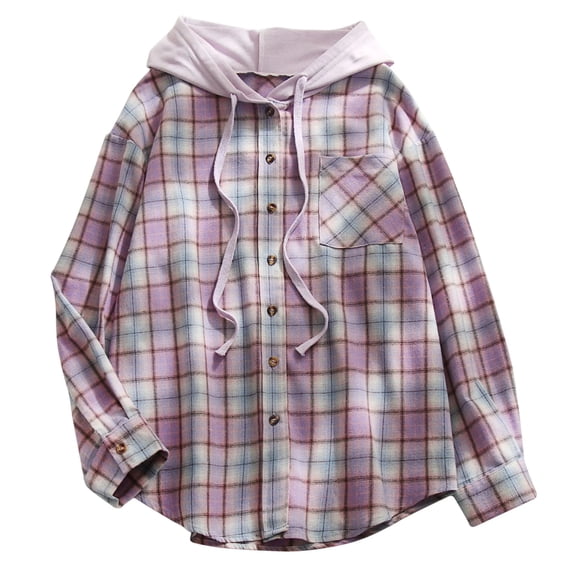 idosla Women's Buffalo Plaid Hoodie Long Sleeve Jacket Button Drawstring Casual Fall Shirts with Pocket (Purple, XL)