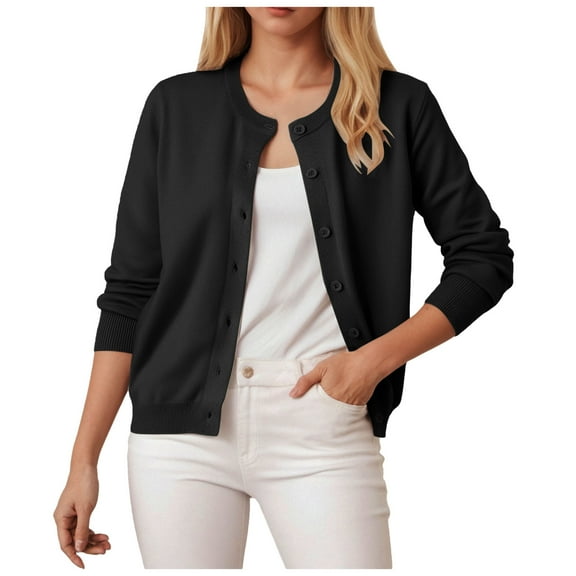 idosla Women's Cardigan Sweaters Lightweight Crew Neck Button Down Long Sleeve Fall Fashion Outfits 2025 (Black, XL)