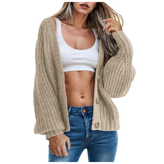 idosla Women's Chunky Knit Open Front Sweater Long Sleeve Button Loose Short Cardigan Outerwear Coats (Beige, XL)