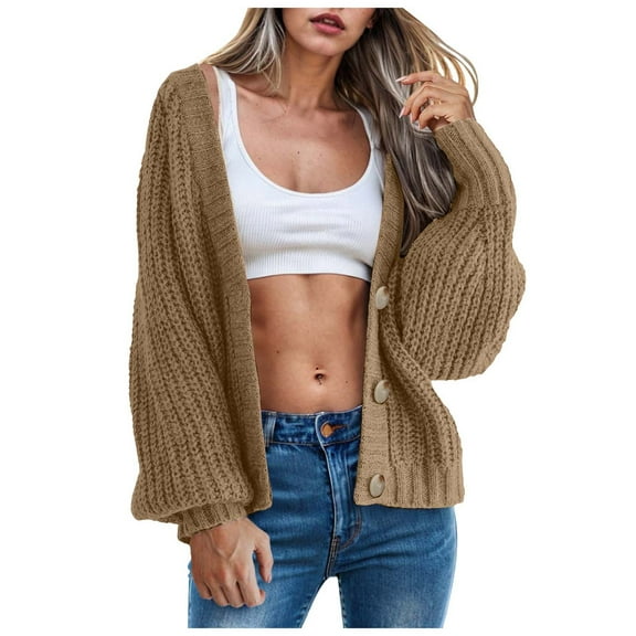 idosla Women's Chunky Knit Open Front Sweater Long Sleeve Button Loose Short Cardigan Outerwear Coats (Brown, M)