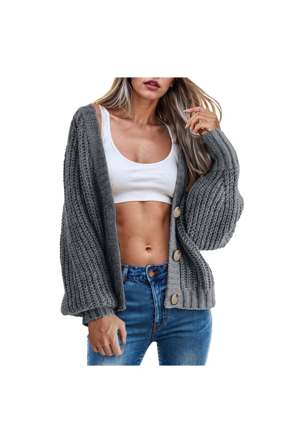 Women's Chunky Knit Open Front Sweater Long Sleeve Button Loose Short Cardigan Outerwear Coats (Grey, XL)