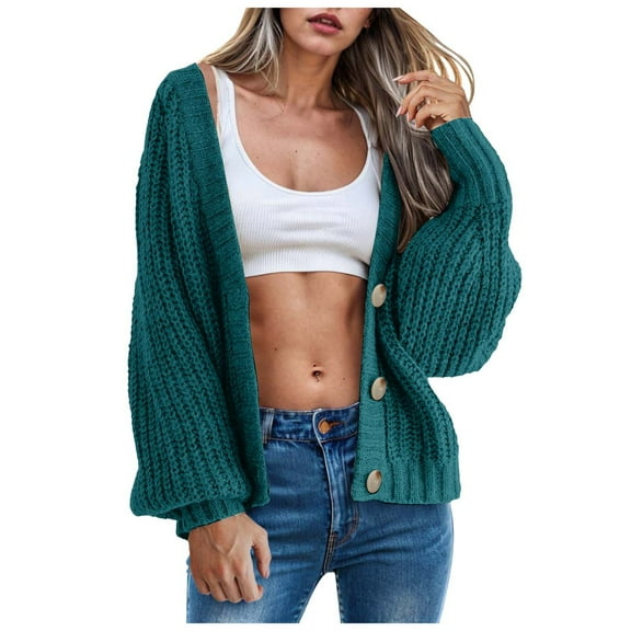 idosla Women's Chunky Knit Open Front Sweater Long Sleeve Button Loose Short Cardigan Outerwear Coats (Light Green, M)