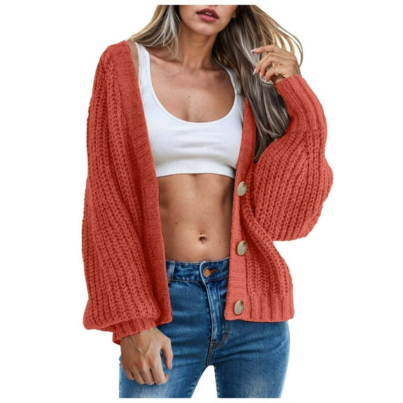 idosla Women's Chunky Knit Open Front Sweater Long Sleeve Button Loose Short Cardigan Outerwear Coats (Orange, XL)