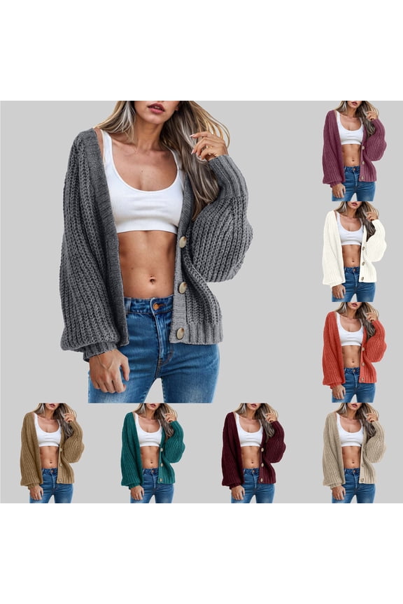 Women's Chunky Knit Open Front Sweater Long Sleeve Button Loose Short Cardigan Outerwear Coats (Red, M)
