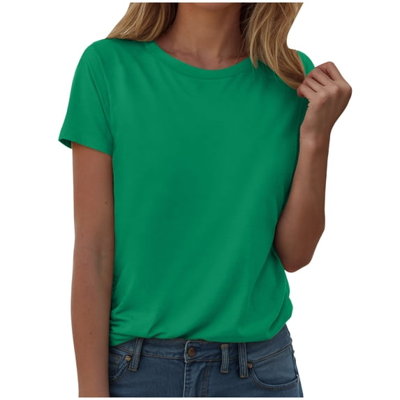 idosla Women's Cotton Crewneck T-Shirts Short Sleeve Basic Solid Color Tee Classic-Fit Shirt Breathable Comfy Summer Top (Green, 3XL)