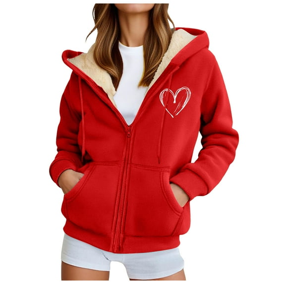 idosla Women's Fleece Zip Hoodie, Winter Warm Pullover Jacket, Casual Sports Sweatshirt with Front Pockets (Red, 5XL)