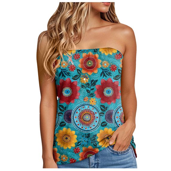 idosla Women's Floral Tube Tops Casual Summer Backless Strapless Top Sleeveless Bandeau Tanks Shirt (Blue, XXL)