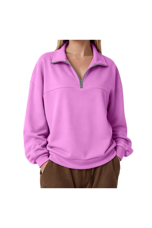 Women's Half Zip Cropped Pullover Quarter Zipper Hoodie Stand Collar Fall Winter Casual Sweatshirt Jacket (Pink, M)