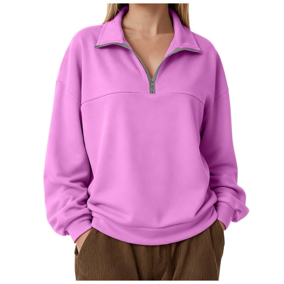 idosla Women's Half Zip Cropped Pullover Quarter Zipper Hoodie Stand Collar Fall Winter Casual Sweatshirt Jacket (Pink, XXL)