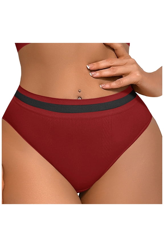 Women's High Waisted Underwear Hi-Cut Stretch Panties Briefs with Strip Waistband Design Underpants (Red, XL)