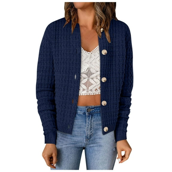 idosla Women's Knit Cardigan Sweaters Casual Long Sleeve Open Front Button Down Trendy Jackets Outerwear (Navy, XXL)