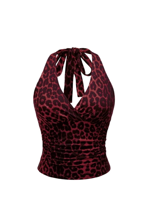 Women's Leopard Print Ruched Halter Crop Tops V Neck Tie Back Sleeveless Slim Fit Cami Tops (Red, L)
