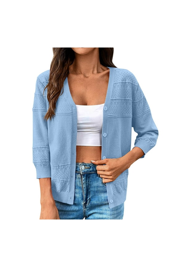 Women's Lightweight Cardigans Casual Long Sleeve V-Neck Button Print Shrugs Sweaters Open Front Outerwear (Light Blue, L)