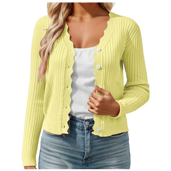 idosla Women's Long Sleeve Cardigan Casual V-Neck Button Open Front Outerwear Soft Cropped Knit Shrugs Sweater (Yellow, XXL)