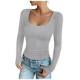 thumbnail image 1 of idosla Women's Long Sleeve Scoop Neck Shirts Casual Slim Fit Rib Knit Tops Summer Fall Basic Business Work Tee (Light Gray, M), 1 of 6