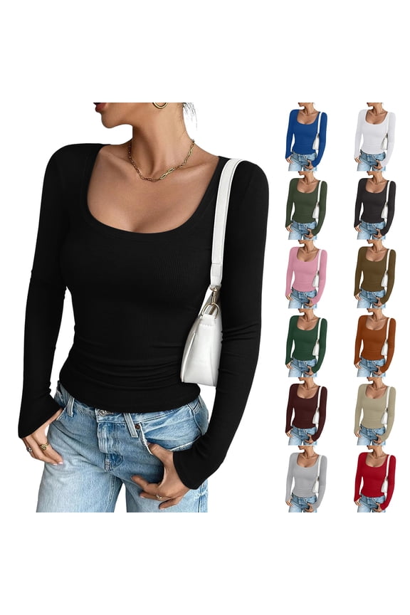 Women's Long Sleeve Scoop Neck Shirts Casual Slim Fit Rib Knit Tops Summer Fall Basic Business Work Tee (Light Gray, XL)
