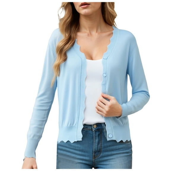 idosla Women's Long Sleeve V-Neck Button Down Cardigan Knit Shrugs Sweater (Light Blue, XL)