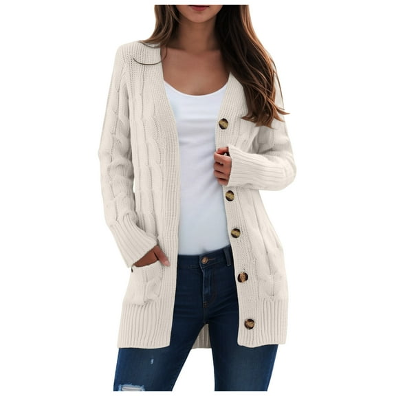 idosla Women's 2025 Fall Long Sleeve Cable Knit Sweater Open Front Cardigan Button Loose Outerwear (Beige, XL)