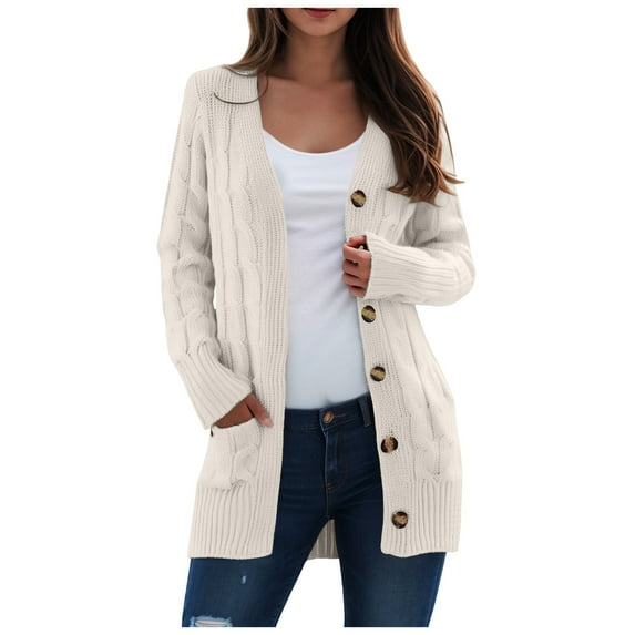 idosla Women's Open Front Cardigan Sweaters Fall Fashion Button Down Cable Knit Chunky Winter Clothing Outerwear Coats (Beige, XXL)