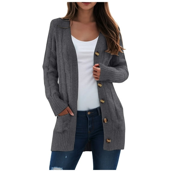 idosla Women's Open Front Cardigan Sweaters Fall Fashion Button Down Cable Knit Chunky Winter Clothing Outerwear Coats (Dark Gray, M)