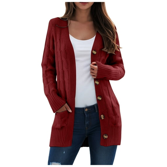 idosla Women's Open Front Cardigan Sweaters Fall Fashion Button Down Cable Knit Chunky Winter Clothing Outerwear Coats (Wine, 5XL)