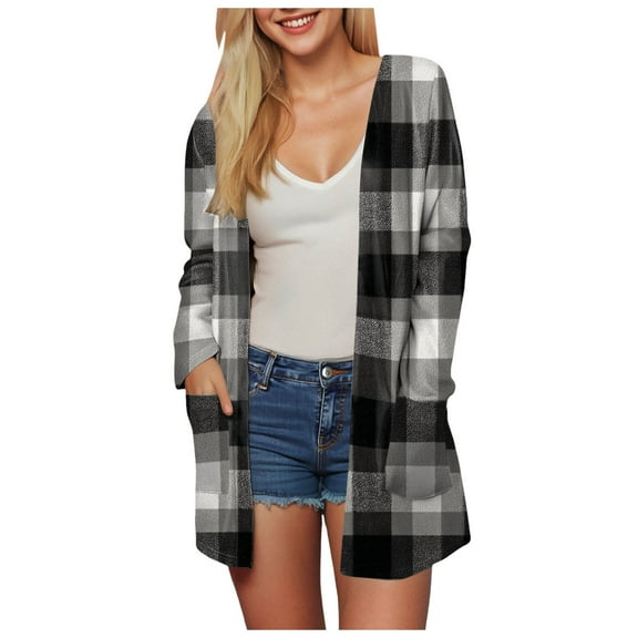 idosla Women's Open Front Long Cardigan Draped Snap Buffalo Plaid Shirt Kimono Cardigan Knit Sweater (Black, XXL)