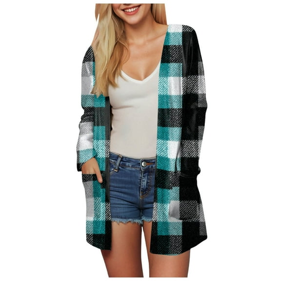 idosla Women's Open Front Long Cardigan Draped Snap Buffalo Plaid Shirt Kimono Cardigan Knit Sweater (Blue, M)