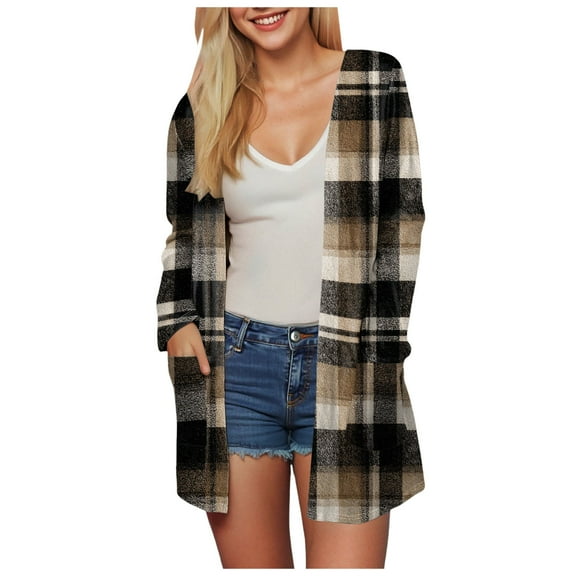 idosla Women's Open Front Long Cardigan Draped Snap Buffalo Plaid Shirt Kimono Cardigan Knit Sweater (Coffee, S)