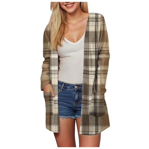 idosla Women's Open Front Long Cardigan Draped Snap Buffalo Plaid Shirt Kimono Cardigan Knit Sweater (Khaki, S)