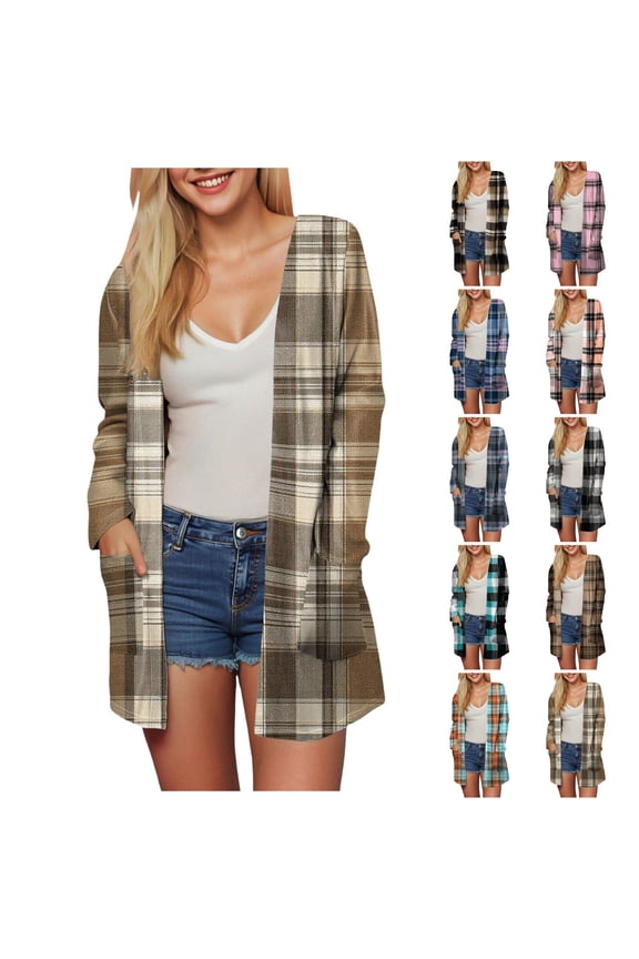 Women's Open Front Long Cardigan Draped Snap Buffalo Plaid Shirt Kimono Cardigan Knit Sweater (Orange, L)