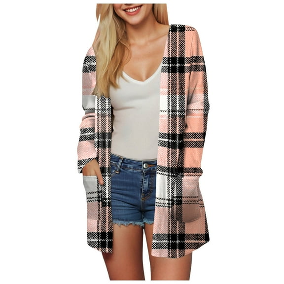 idosla Women's Open Front Long Cardigan Draped Snap Buffalo Plaid Shirt Kimono Cardigan Knit Sweater (Orange, S)