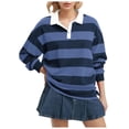 thumbnail image 1 of idosla Women's Oversized Striped Polo Sweatshirt Long Sleeve Rugby Collared Pullover Tops Loose Fit Shirt (Blue, XL), 1 of 7