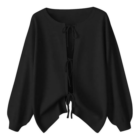 idosla Women's Plus Size Bow Tie Front Cardigan Sweater Long Sleeve Drop Shoulder Outerwear (Black, L)