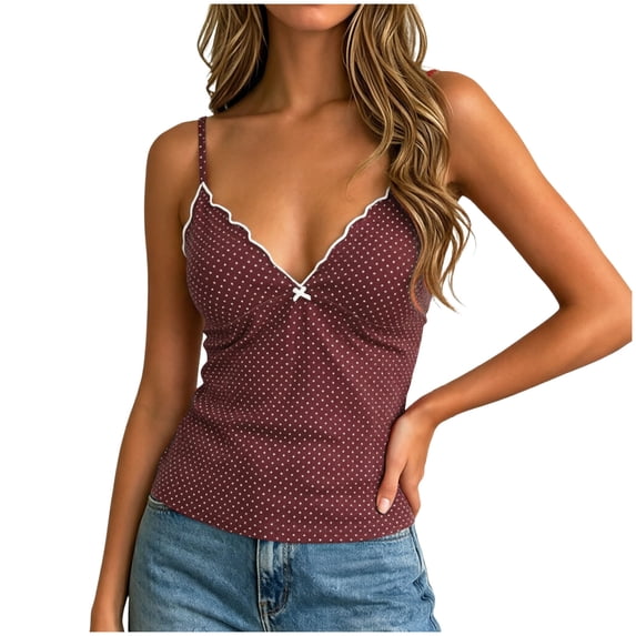 idosla Women's Polka Dot Cami Y2k Lace Trim V Neck Spaghetti Strap Cute Bow Camisole Trendy Going Out Tank Top (Brick Red, L)