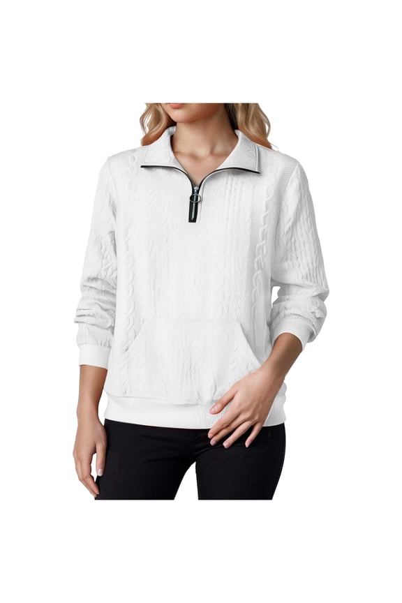 Women's Quilted Sweatshirts Zipper Neck Long Sleeve Textured Solid Casual Loose Fashion Fall Pullover Tops (White, XXL)