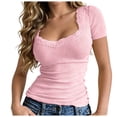 thumbnail image 1 of idosla Women's Ribbed Lace Trim Short Sleeve T-Shirt,Summer Casual Scoop Neck Fitted Basic Tee,Stretchy Slim Fit Tops for Daily Wear (Pink, M), 1 of 6