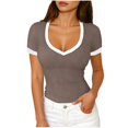 thumbnail image 1 of idosla Women's Ribbed V Neck Short Sleeve T-Shirts Slim Fit Stretchy Basic Tee Tops Summer Casual Soft Tops for Daily Wear (Khaki, XL), 1 of 7