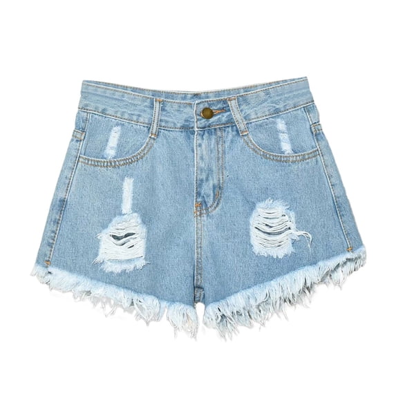 idosla Women's Ripped Raw Hem Jean Shorts High Waisted Straight Leg Denim Shorts Streetwear (Light Blue, L)