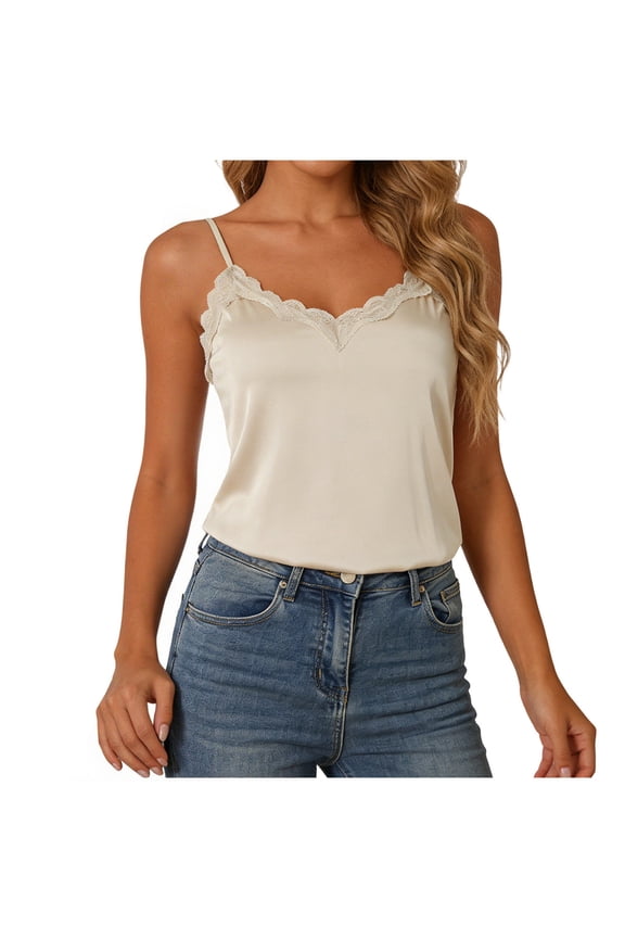 Women's Satin Tank Summer Top Spaghetti Lace V Neck Strap Camisole (Beige, M)