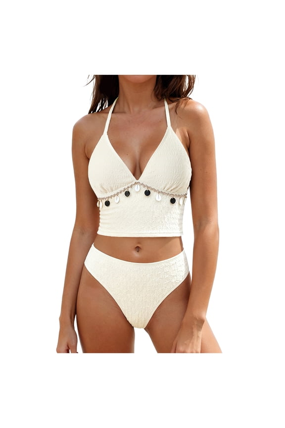Women's Seashell Textured Bikini Sets Stitching Ribbon Shell Decoration Swimsuits High Waisted Bathing Suits (Beige, S)