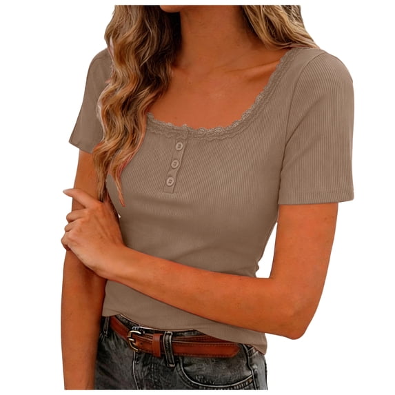 idosla Women's Short Sleeve Lace Trim Tops 2026 Summer Ribbed Scoop Neck Button T Shirts Going Out Slim Fashion Clothes (Coffee, M)