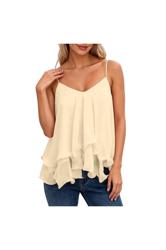 Women's Summer Chiffon Double Layer Ruffled Spaghetti Strap Cami Top, Spaghetti Strap Adjustable Tie Waist Flowy Camisole (Beige, L)