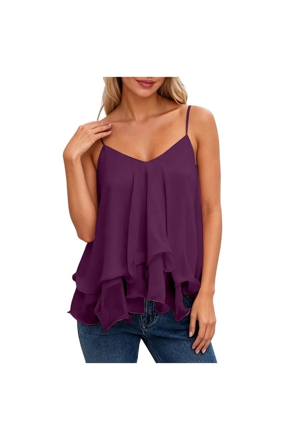 Women's Summer Chiffon Double Layer Ruffled Spaghetti Strap Cami Top, Spaghetti Strap Adjustable Tie Waist Flowy Camisole (Purple, S)