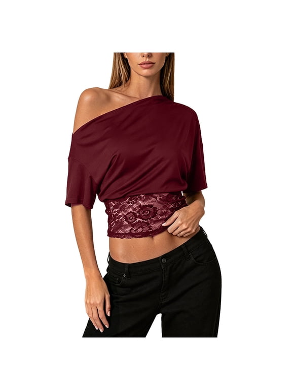 Women's Summer Sleeve Off Shoulder Lace Top Asymmetrical Dolman Tee Boat Neck T Shirt (Wine, L)