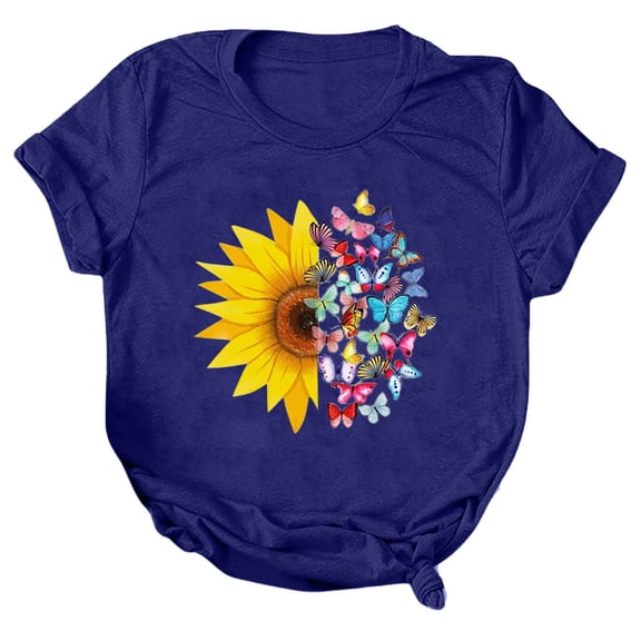 idosla Women's Sunflower Graphic Shirts Boho Flowers Tee Tops Cute Summer Vintage Short Sleeve Holiday T Shirt (Blue, L)