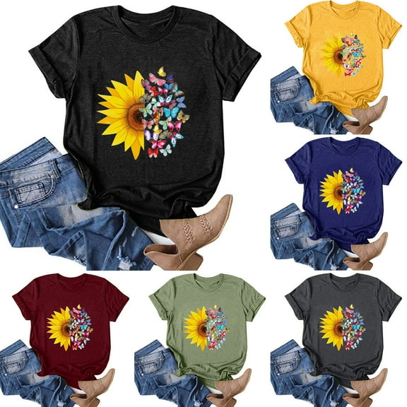idosla Women's Sunflower Graphic Shirts Boho Flowers Tee Tops Cute Summer Vintage Short Sleeve Holiday T Shirt (Blue, S)